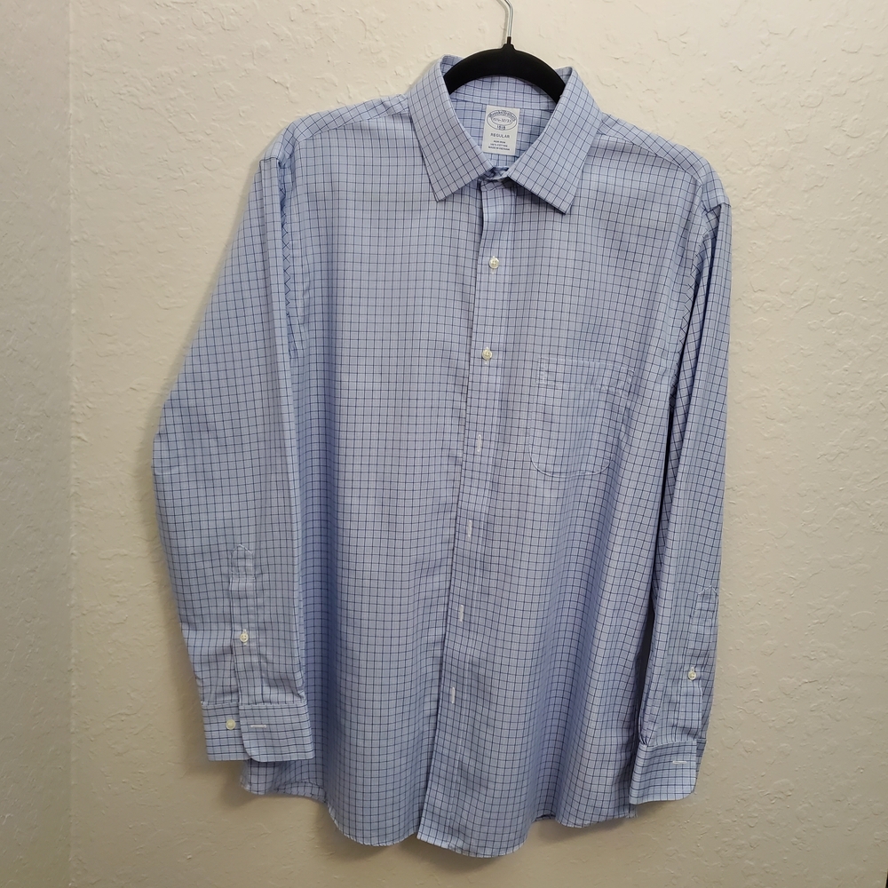 Brooks Brothers Light Blue Checkered Dress Shirt, Size 15½ 32, 100% Cotton